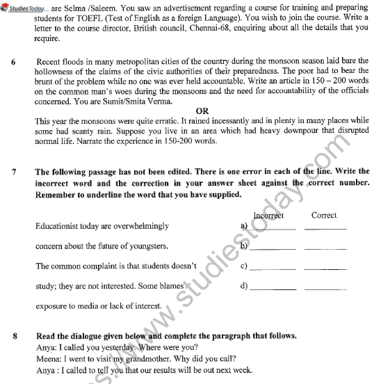 CBSE Class 11 English Question Paper Set V Solved